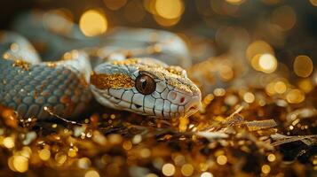 ai generado cerca arriba de un serpiente en dorado bokeh antecedentes con Copiar espacio foto