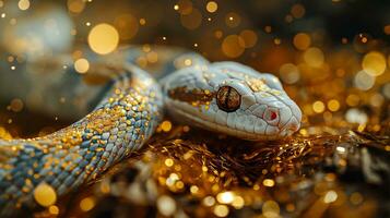 ai generado cerca arriba de un serpiente en dorado bokeh antecedentes con Copiar espacio foto