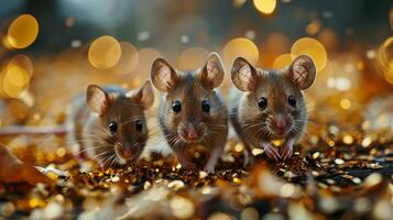 AI generated Three little brown mouse with golden bokeh background. Christmas and New Year concept. photo