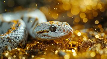 ai generado cerca arriba de un serpiente en dorado bokeh antecedentes con Copiar espacio foto