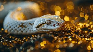 ai generado cerca arriba de un serpiente en dorado bokeh antecedentes con Copiar espacio foto