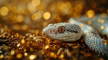 ai generado cerca arriba de un serpiente en dorado bokeh antecedentes con Copiar espacio foto