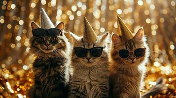 ai generado Tres gatos con fiesta sombreros y lentes en borroso fondo, de cerca, en oro blured Brillantina fondo, foto