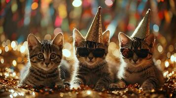 ai generado Tres gatos con fiesta sombreros y lentes en borroso fondo, de cerca, en oro blured Brillantina fondo, foto