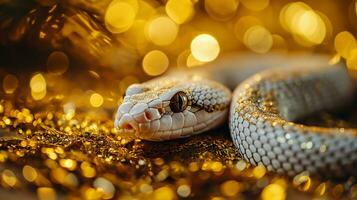 ai generado cerca arriba de un serpiente en dorado bokeh antecedentes con Copiar espacio foto