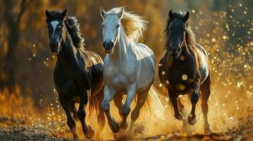 ai generado Tres negro caballos correr galope en polvo en un soleado día. foto