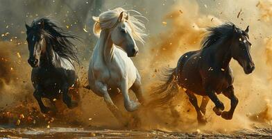 AI generated Three black horses run gallop in dust on a sunny day. photo