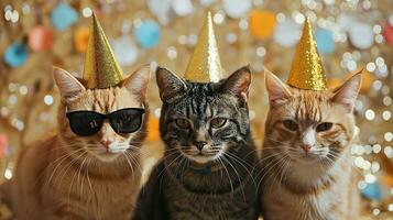 ai generado Tres gatos con fiesta sombreros y lentes en borroso fondo, de cerca, en oro blured Brillantina fondo, foto