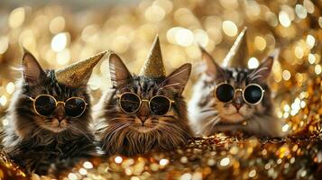 AI generated Three cats with party hats and glasses on blurred background, closeup, on gold blured glitter background, photo