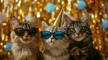 ai generado Tres gatos con fiesta sombreros y lentes en borroso fondo, de cerca, en oro blured Brillantina fondo, foto