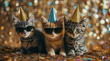 AI generated Three cats with party hats and glasses on blurred background, closeup, on gold blured glitter background, photo