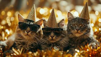 ai generado Tres gatos con fiesta sombreros y lentes en borroso fondo, de cerca, en oro blured Brillantina fondo, foto