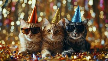 ai generado Tres gatos con fiesta sombreros y lentes en borroso fondo, de cerca, en oro blured Brillantina fondo, foto