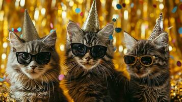 ai generado Tres gatos con fiesta sombreros y lentes en borroso fondo, de cerca, en oro blured Brillantina fondo, foto