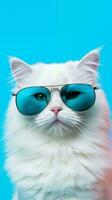 Portrait cool cat concept design, white cat wearing eyes glasses isolated on background, blue texture on background, iOS background style, photo