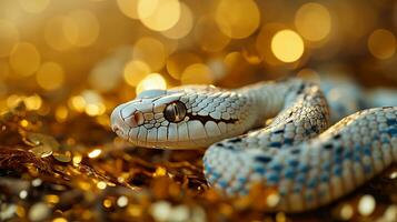 ai generado cerca arriba de un serpiente en dorado bokeh antecedentes con Copiar espacio foto