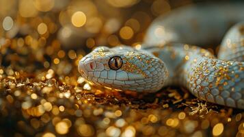 ai generado cerca arriba de un serpiente en dorado bokeh antecedentes con Copiar espacio foto