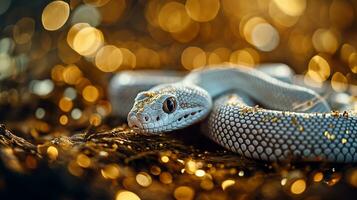 AI generated Close up of a snake on golden bokeh background with copy space photo