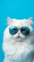 Portrait cool cat concept design, white cat wearing eyes glasses isolated on background, blue texture on background, iOS background style, photo