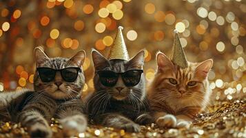 ai generado Tres gatos con fiesta sombreros y lentes en borroso fondo, de cerca, en oro blured Brillantina fondo, foto