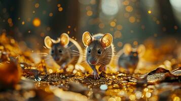 ai generado Tres pequeño marrón ratón con dorado bokeh antecedentes. Navidad y nuevo año concepto. foto