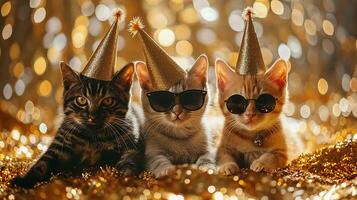 ai generado Tres gatos con fiesta sombreros y lentes en borroso fondo, de cerca, en oro blured Brillantina fondo, foto