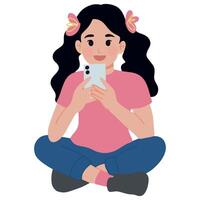 A girl cute kids sitting cross legged while playing with her cellphone vector