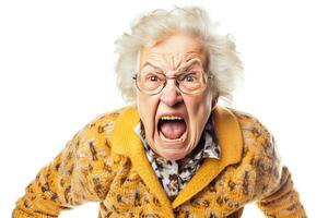 AI generated Portrait of angry senior woman pointing at camera. Isolated on white background, AI generated photo