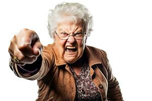 AI generated Portrait of angry senior woman pointing at camera. Isolated on white background, AI generated photo