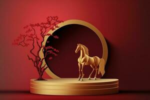 AI generated golden horse and tree in the mirror on a red background photo