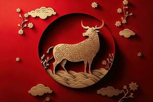 AI generated chinese new year paper cut art with a bull photo