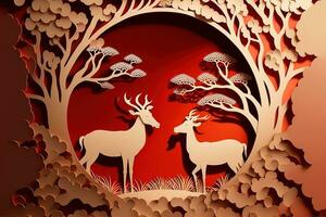 AI generated paper art of deer and trees photo