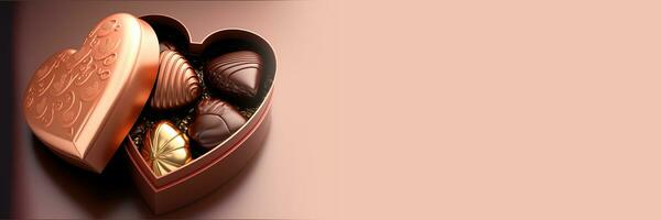 ai generado un corazón conformado caja de chocolates en un rosado antecedentes foto