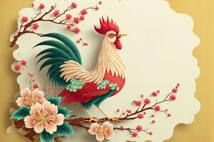 AI generated chinese new year greeting with rooster and cherry blossom photo