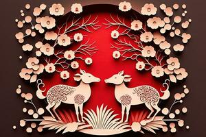 AI generated chinese new year paper art with two deer photo