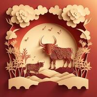 AI generated chinese new year paper art with ox and cow photo