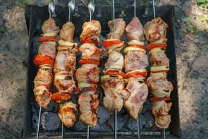 Grilled pieces of meat on skewers, shish kebab with vegetables, cooking process on brazier photo