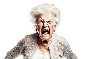 AI generated Portrait of angry senior woman pointing at camera. Isolated on white background, AI generated photo