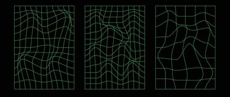 Collection of futuristic cyberpunk style elements. Geometric wireframe of square, distortion, grid with neon green color. Retro graphic on black background for decoration, business, cover, poster. vector