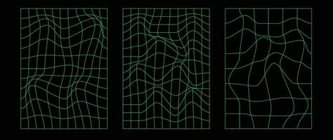 Collection of futuristic cyberpunk style elements. Geometric wireframe of square, distortion, grid with neon green color. Retro graphic on black background for decoration, business, cover, poster. vector