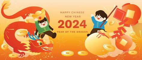 Happy Chinese new year background vector. Year of the dragon design wallpaper with dragon, kids, coin, firework, cracker,lantern. Modern luxury oriental illustration for cover, banner, website, decor. vector