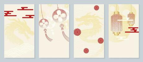 Chinese New Year cover background vector. Year of the dragon design with lanterns, sea wave, dragon, coin, flowers, firework, gold texture. Elegant oriental illustration for cover, banner, website. vector