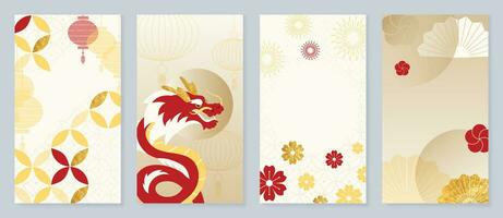 Chinese New Year cover background vector. Year of the dragon design with lanterns, pattern, dragon, coin, flowers, firework, gold foil. Elegant oriental illustration for cover, banner, website. vector