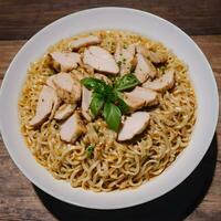 AI generated Bowl of cooked noodles with chicken sliced on it. photo