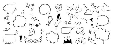 Set of cute pen line doodle element vector. Hand drawn doodle style collection of scribble, firework, arrows, stars, cloud, flower, speech bubble. Design for print, cartoon, card, decoration, sticker. vector
