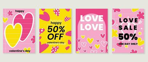 Happy Valentine's day love cover vector set. Romantic symbol wallpaper of geometric shape pattern, heart shaped icon. Love illustration for greeting card, web banner, package, cover, fabric.