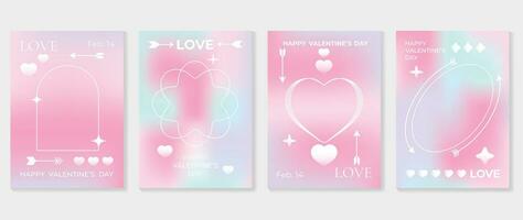 Happy Valentine's day love cover vector set. Romantic symbol poster decorate with trendy gradient heart pastel colorful background. Design for greeting card, fashion, commercial, banner, invitation.