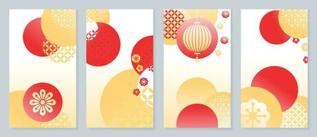 Chinese New Year cover background vector. Year of the dragon design with oriental sea wave, flowers, Chinese lantern, pattern . Elegant oriental illustration for cover, banner, website, calendar. vector