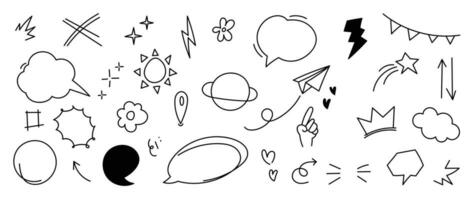 Set of cute pen line doodle element vector. Hand drawn doodle style collection of scribble, sun, arrows, stars, cloud, flower, speech bubble. Design for print, cartoon, card, decoration, sticker. vector