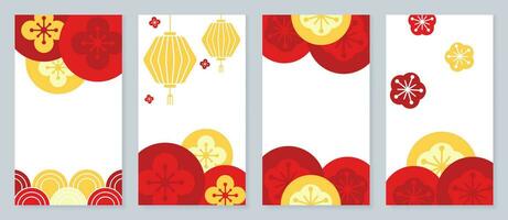 Chinese New Year cover background vector. Year of the dragon design with oriental sea wave, flowers, Chinese lantern, pattern . Elegant oriental illustration for cover, banner, website, calendar. vector